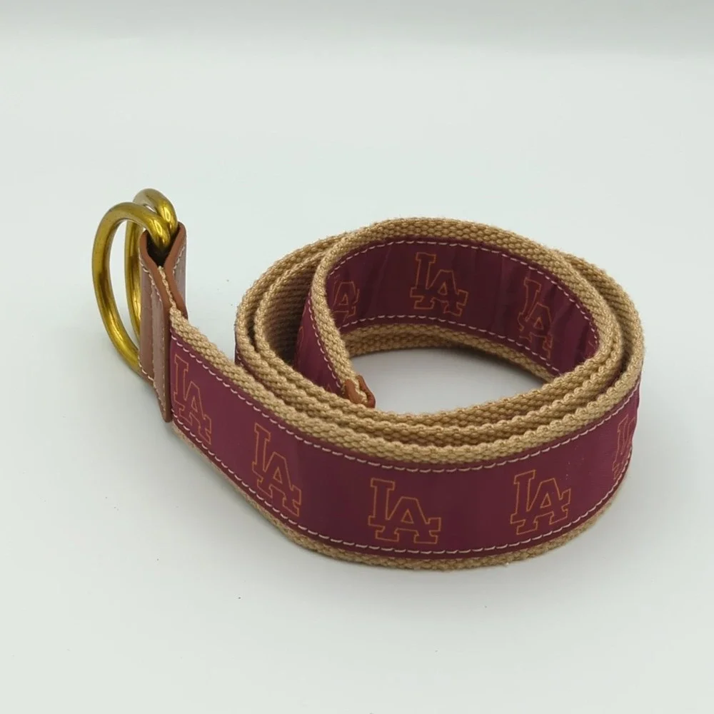 Barrington LA Logo D-Ring Canvas Leather Belt Womens S/M Maroon Gold